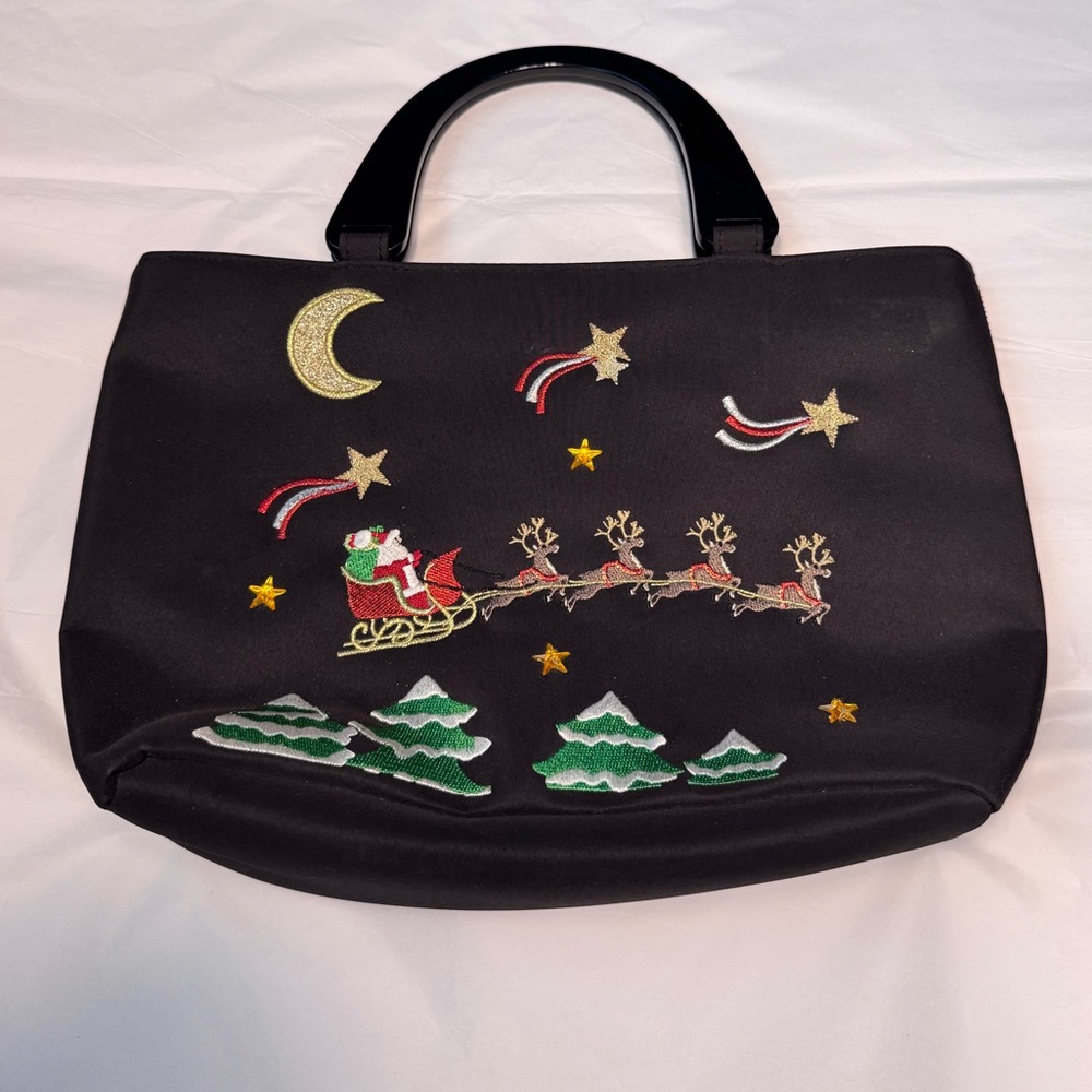 Kim Rogers Christmas satchel, embroidered Santa & reindeers, plastic handles
